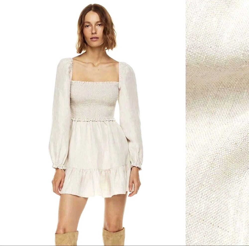 Aritzia Wilfred Tempest Natural Oatmeal Organic Linen Smocked Mini Dress S Boho